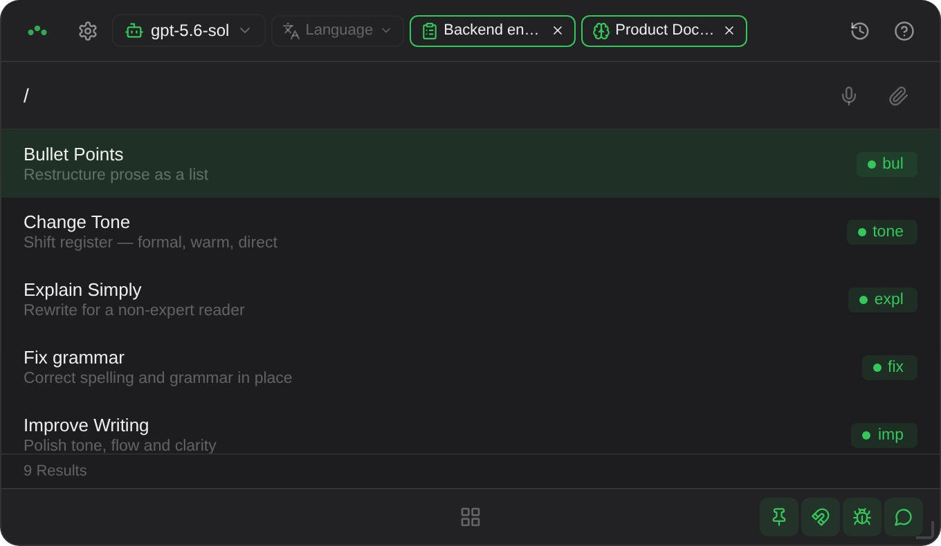Typing <code>/</code> opens the SmartPrompt list. The green chip on the right is the command; keep typing to filter by either the command or the name.