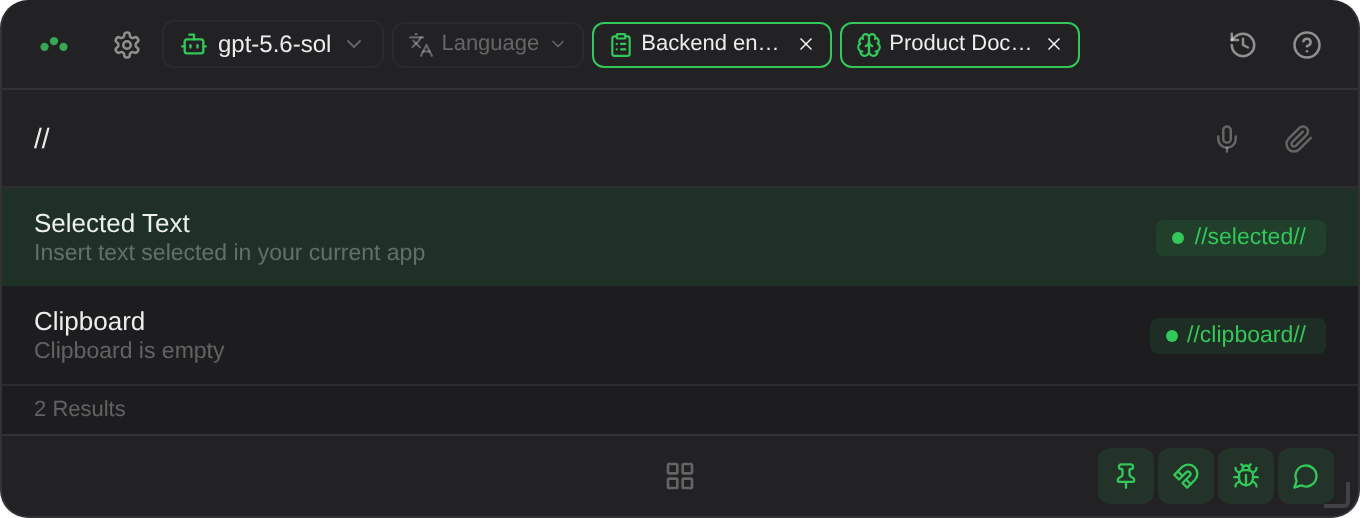Typing <code>//</code> offers the two awareness tags. The clipboard entry previews what will be inserted; the selection entry deliberately does not.