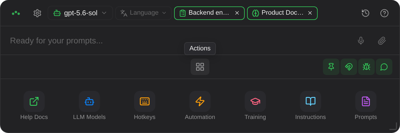 The action grid, opened from the grid icon. Every editor in Triplo AI is reached from here.