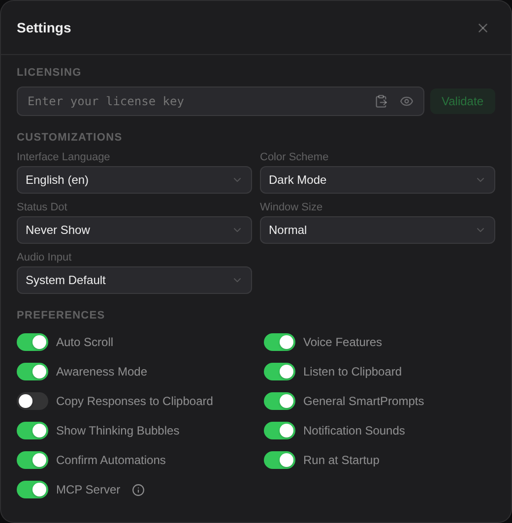 The Settings panel. Everything on this page is one of these controls.