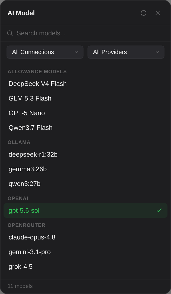 The model selector, grouped by source. Allowance models appear first, then each of your own connections.
