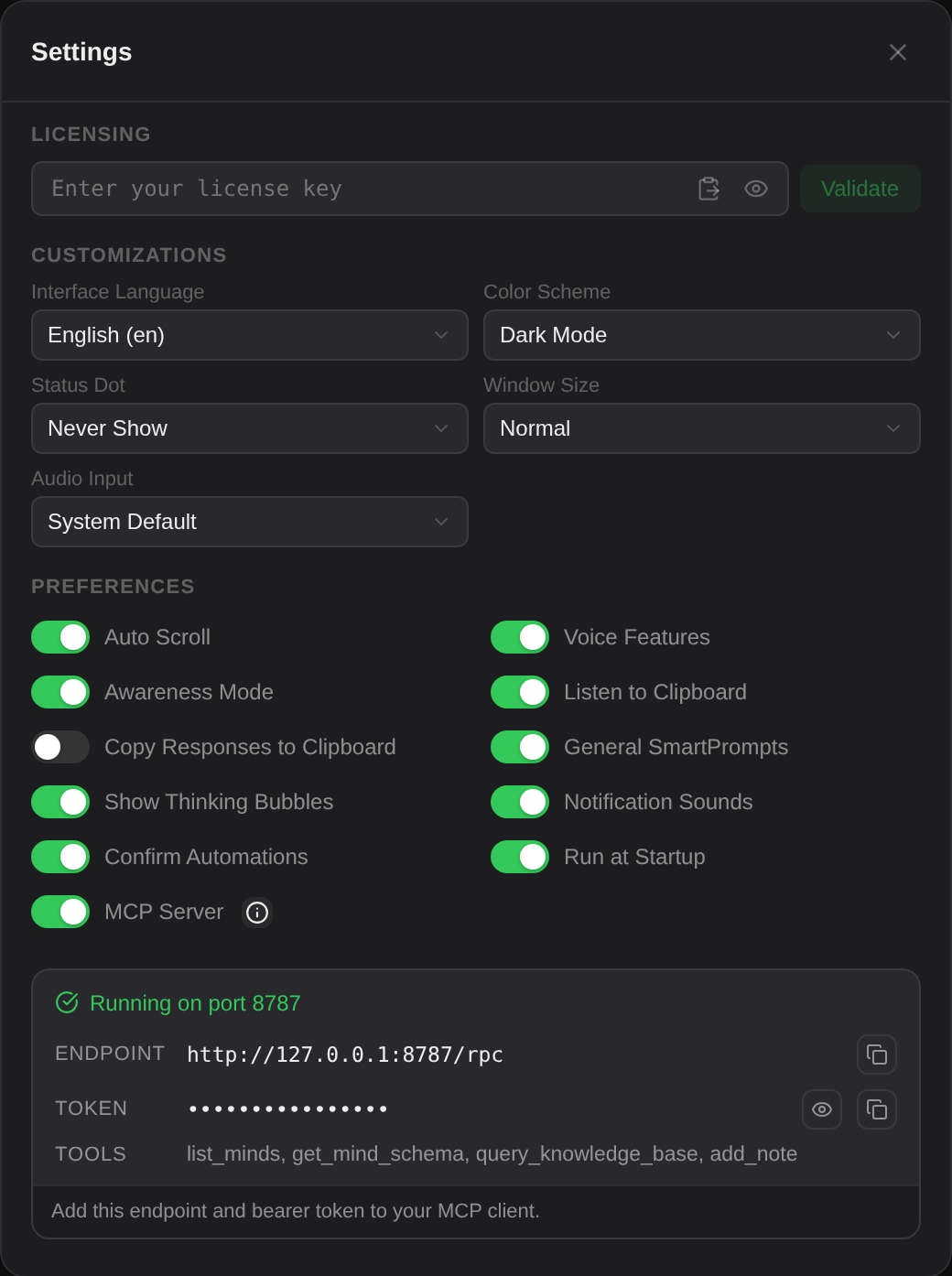 The MCP panel in Settings, expanded. The endpoint and token are what your client needs; the token stays masked until you reveal it.