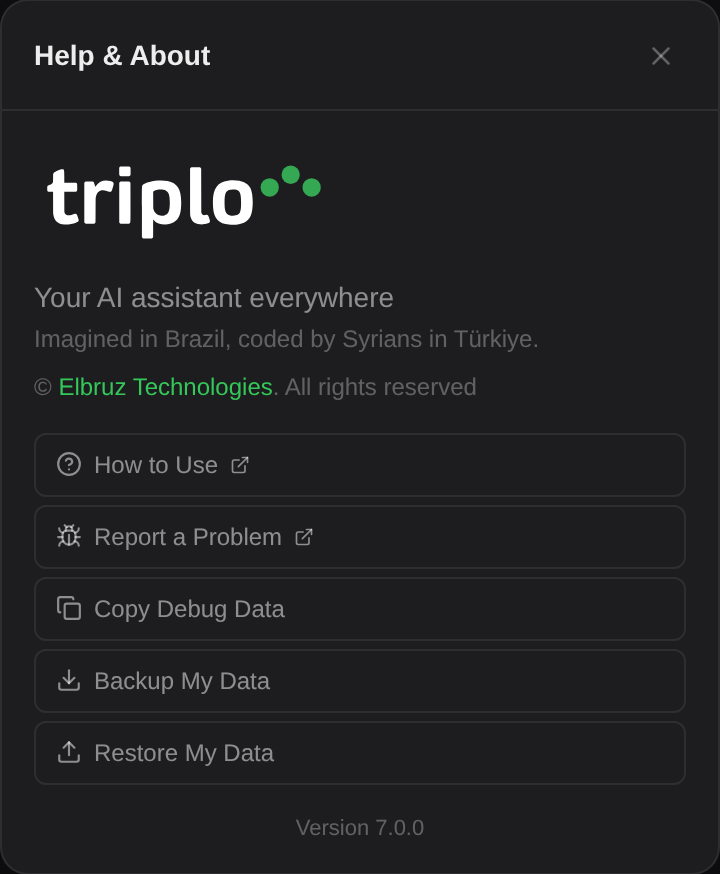Help & About, where backup, restore and debug data live — along with the version number to quote in a support request.