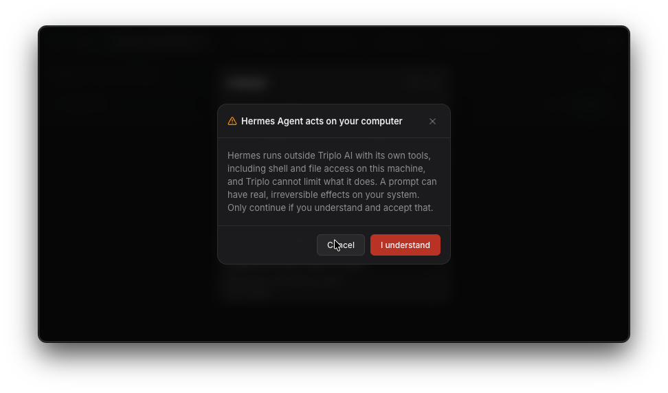 The same red alert for Hermes: "Hermes Agent acts on your computer", a paragraph explaining that Hermes runs outside Triplo AI with its own tools, including shell and file access, and that Triplo cannot limit what it does, with Cancel and I understand.